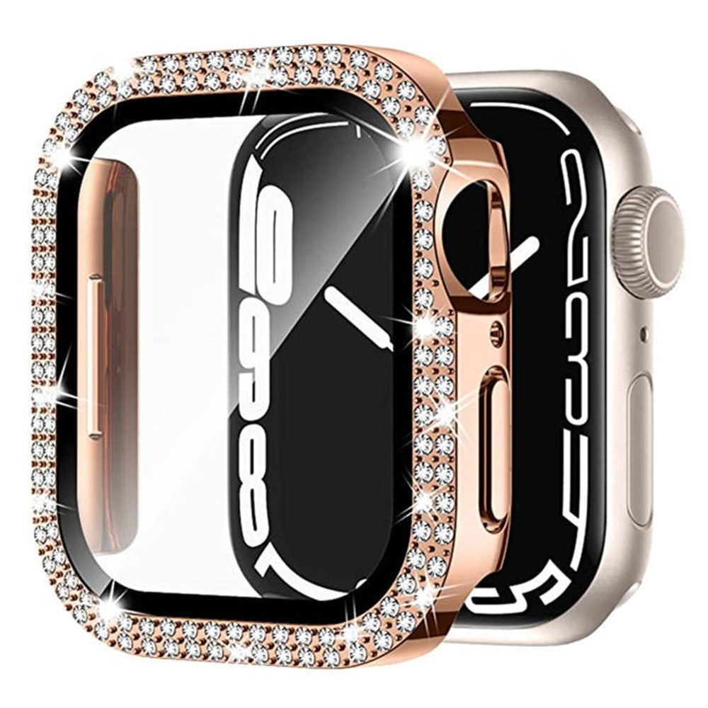 Apple Watch Series 9 8 7 41mm Watch Case Rhinestone Electroplating Frame with Tempered Glass Film - Rose Gold#serie_1