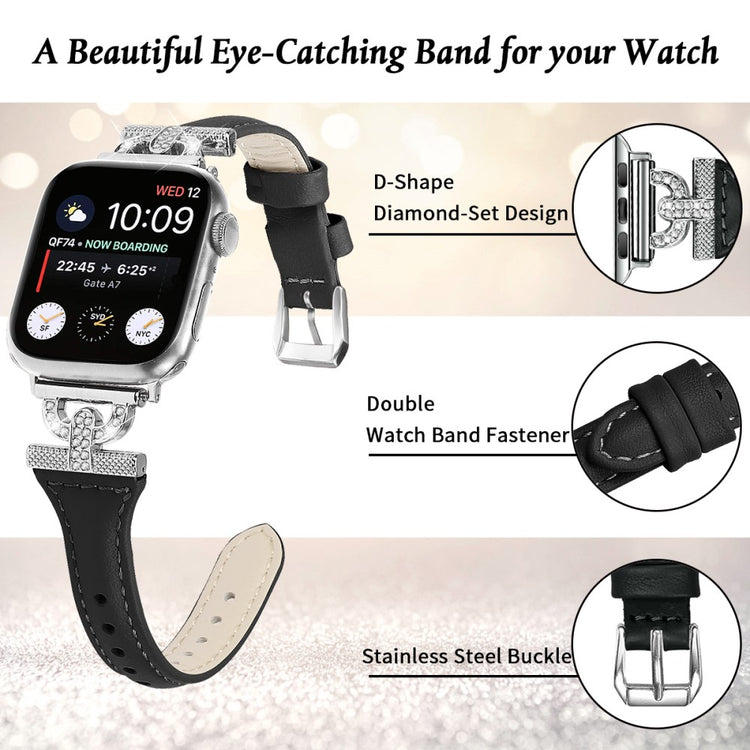 Pænt Ægte Læder Og Rhinsten Universal Rem passer til Apple Smartwatch - Sort#serie_2