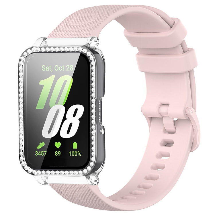 Samsung Galaxy Fit3 Silicone Strap with Rhinestone Decor Watch Case + Screen Protector - Pink Strap+Transparent Case#serie_5