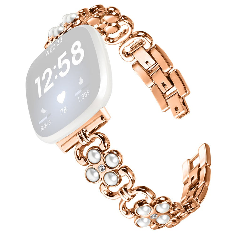 Fitbit Versa 4 / Fitbit Sense 2 Watch Strap Pearl Decor Four Leaf Clover Stainless Steel Wrist band  - Rose Gold#serie_2