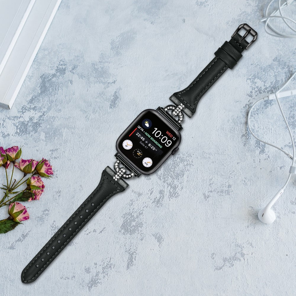 Solid Ægte Læder Og Rhinsten Universal Rem passer til Apple Smartwatch - Sort#serie_1