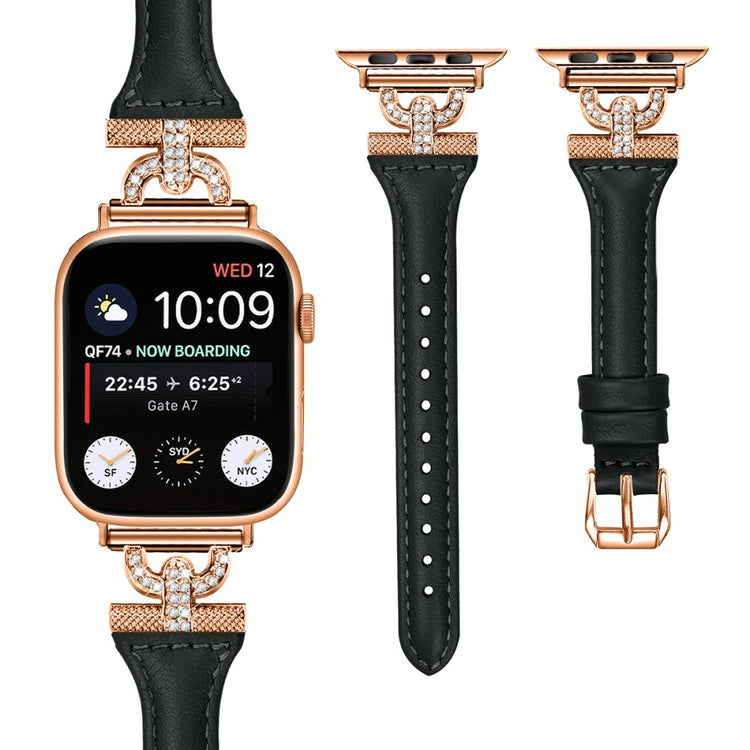 Solid Ægte Læder Og Rhinsten Universal Rem passer til Apple Smartwatch - Sort#serie_2