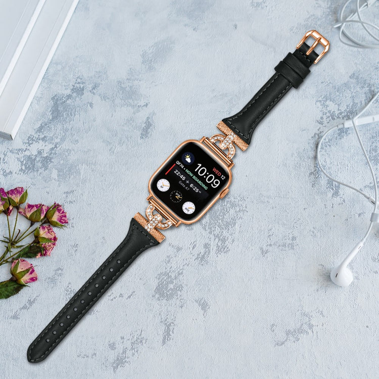 Solid Ægte Læder Og Rhinsten Universal Rem passer til Apple Smartwatch - Sort#serie_2