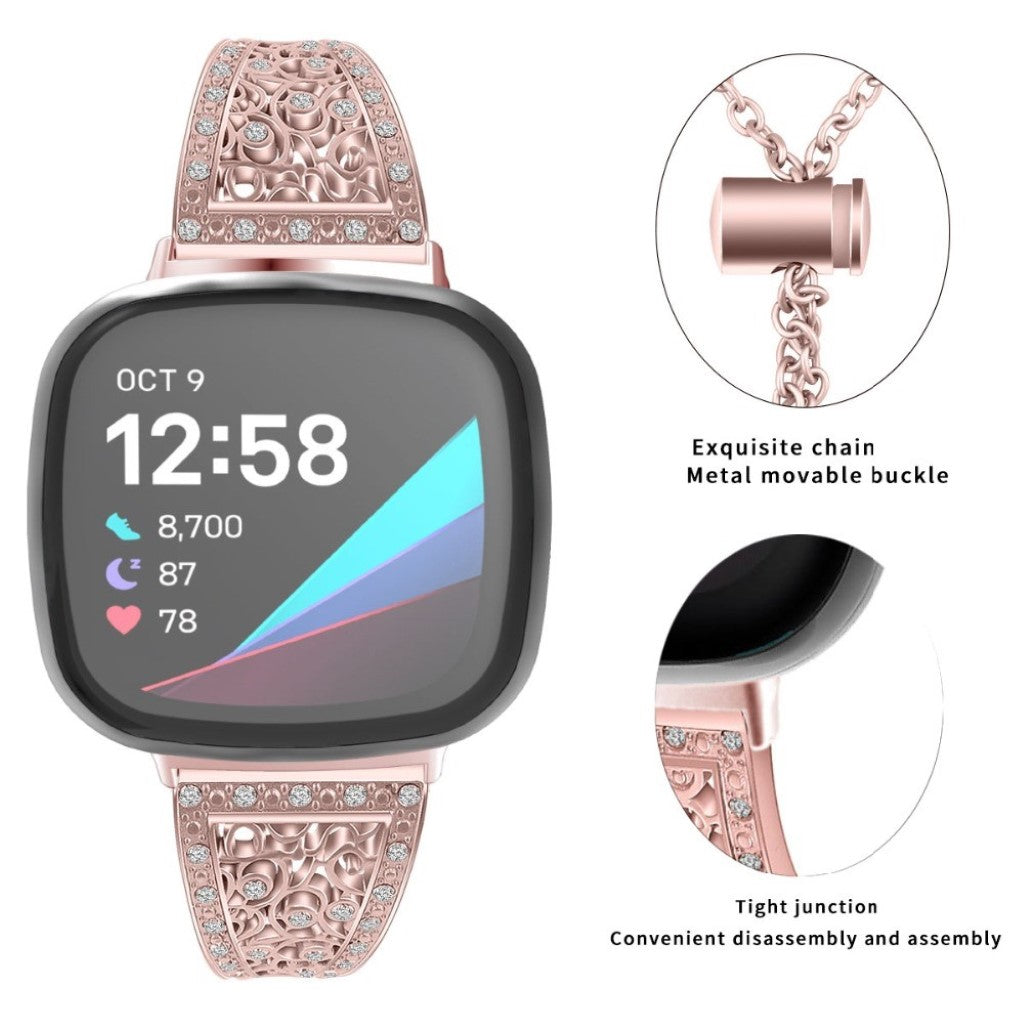 Yndigt Fitbit Versa 3 / Fitbit Sense Metal og Rhinsten Rem - Pink#serie_4