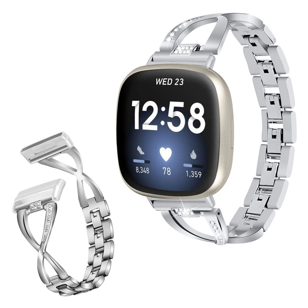 Fint Fitbit Versa 3 / Fitbit Sense Metal og Rhinsten Rem - Sølv#serie_2