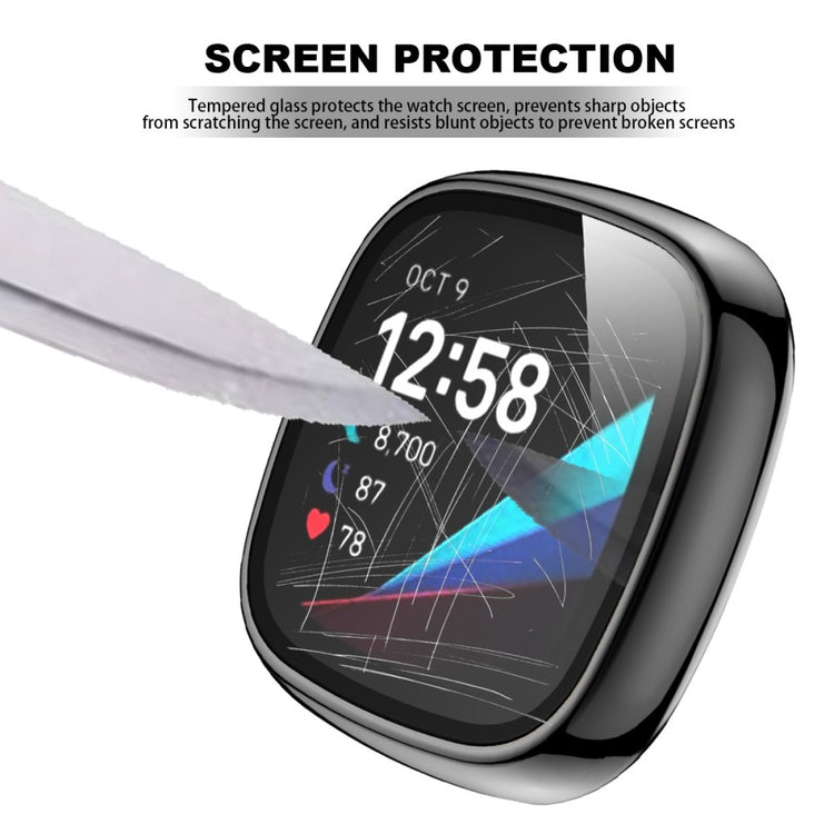 Vildt Godt Fitbit Versa 3 Cover med Skærmbeskytter i Plastik og Hærdet Glas - Sølv#serie_4