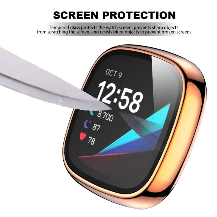 Vildt Godt Fitbit Versa 3 Cover med Skærmbeskytter i Plastik og Hærdet Glas - Guld#serie_8